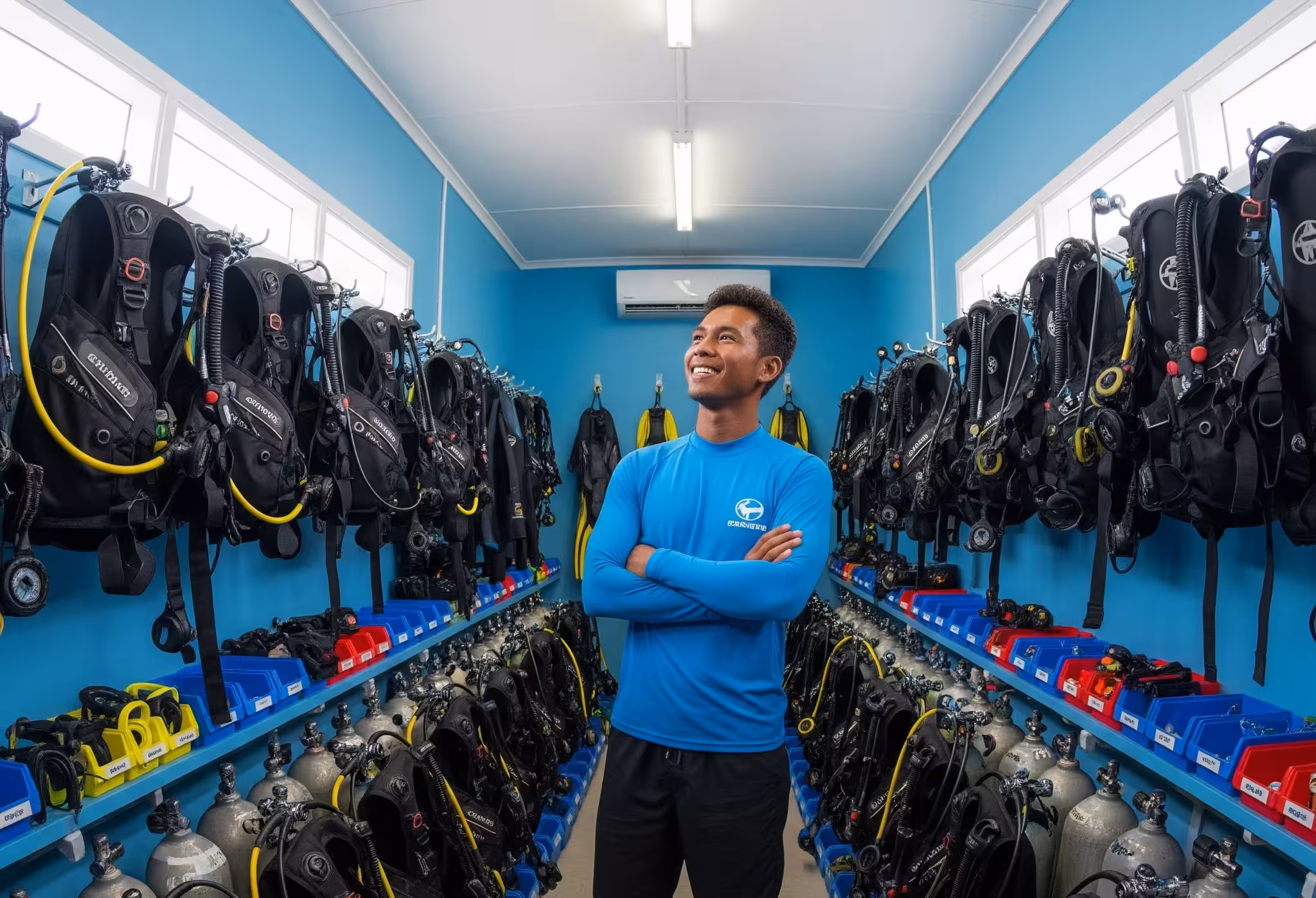 Dive shop staff managing rental gear using a digital tablet