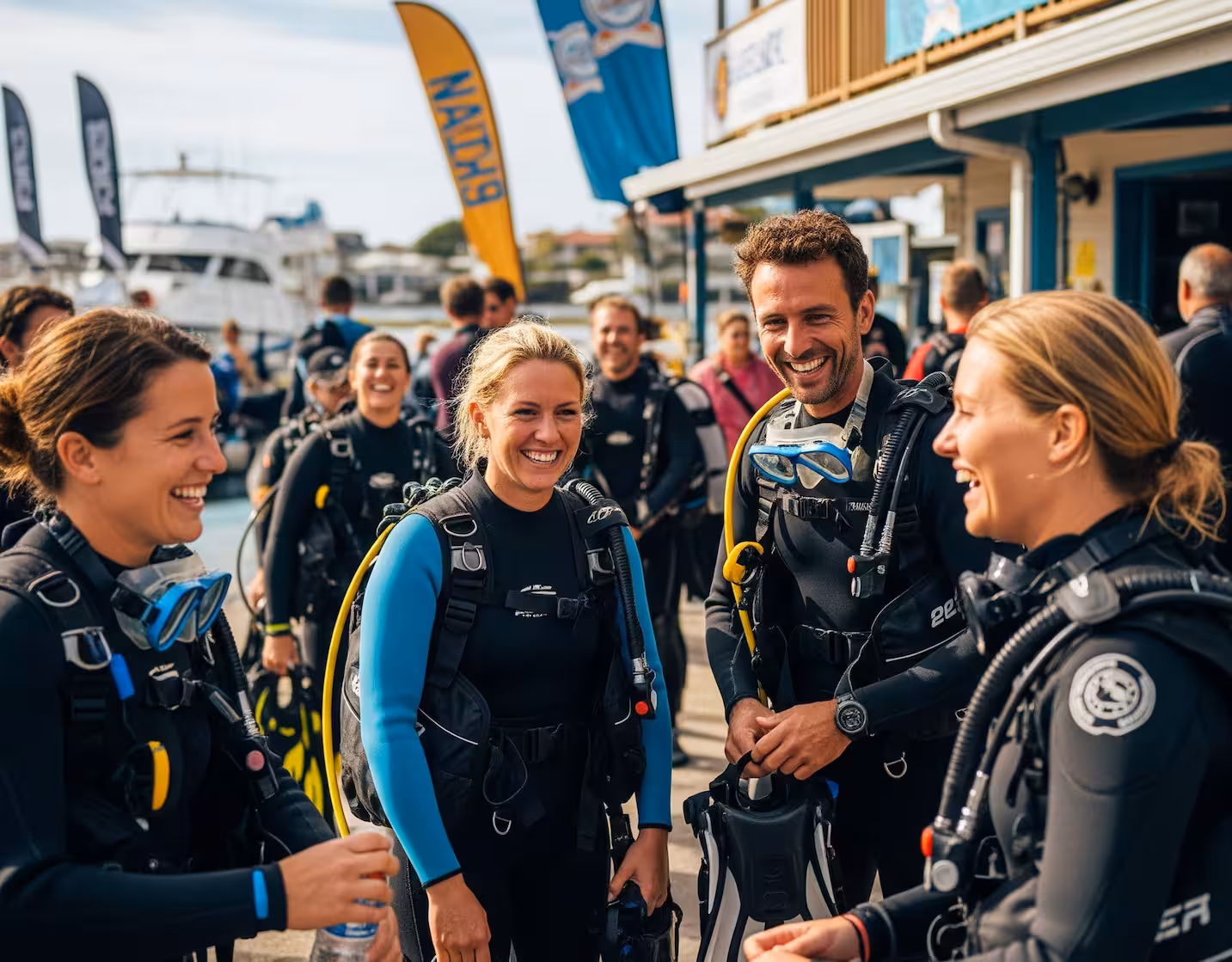 Divers gathered for a community event near the ocean