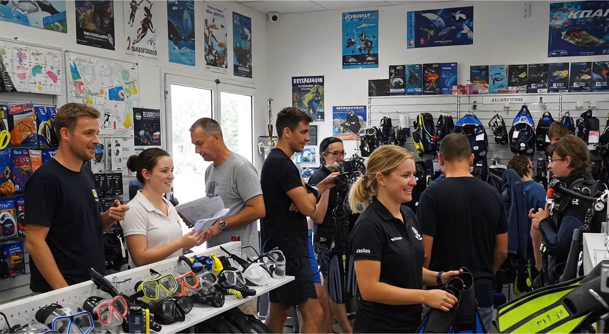 Dive shop setup with gear rental and sales section