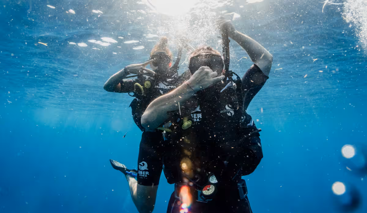 Dive staff training session by the ocean