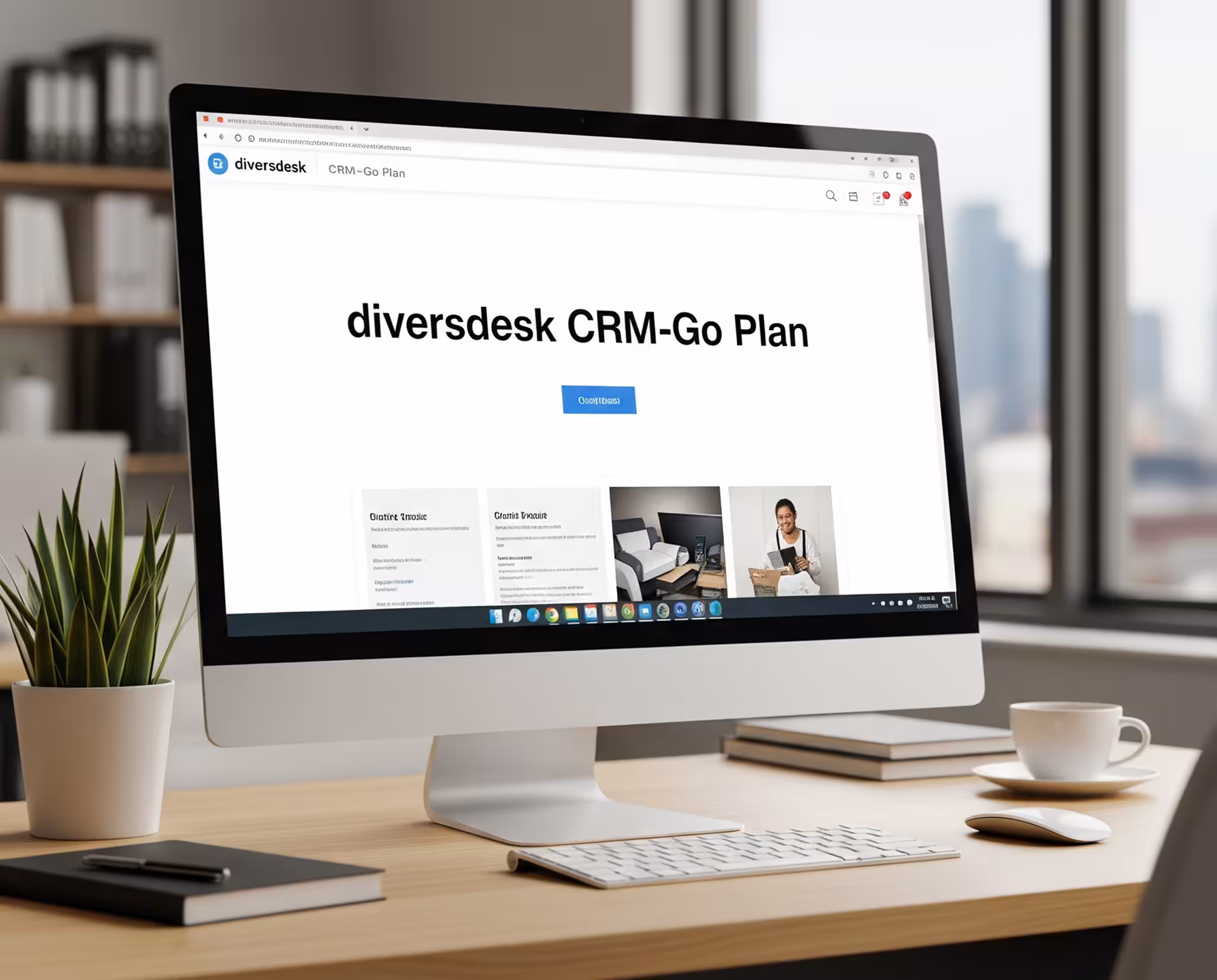 A dive center employee happily using the Diversdesk CRM-Go dashboard on a tablet while customers check in.