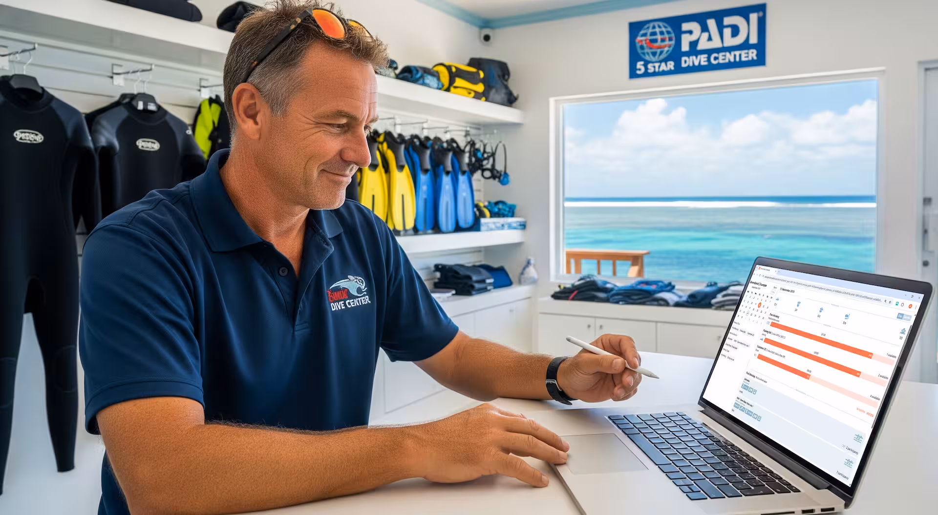 A clean, modern user interface showing the Diversdesk Starter Plan features, representing a streamlined dive business.