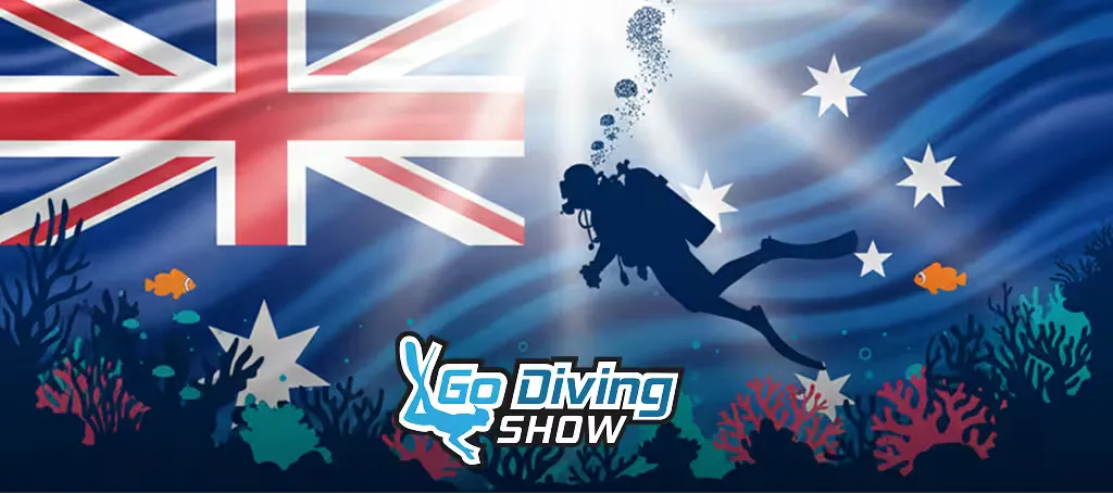 An underwater scene with a scuba diver and a subtle Australian flag, representing the Sydney Go Diving Show.