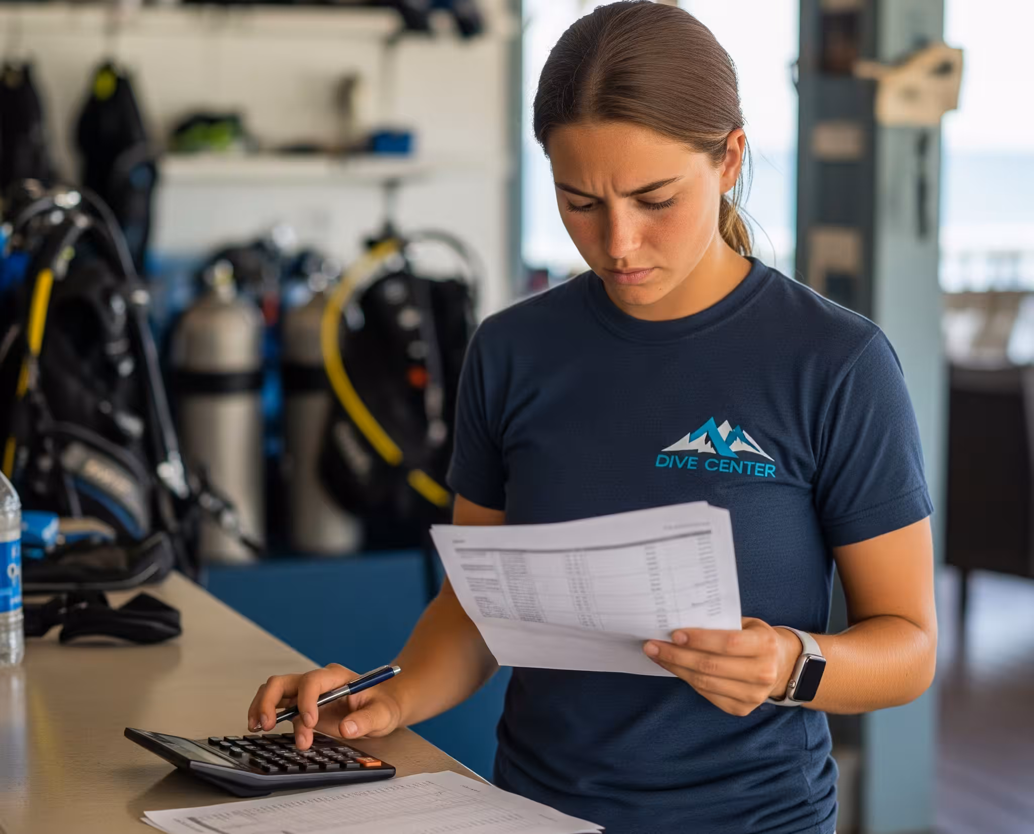 Dive shop staff reviewing bookings on a tablet