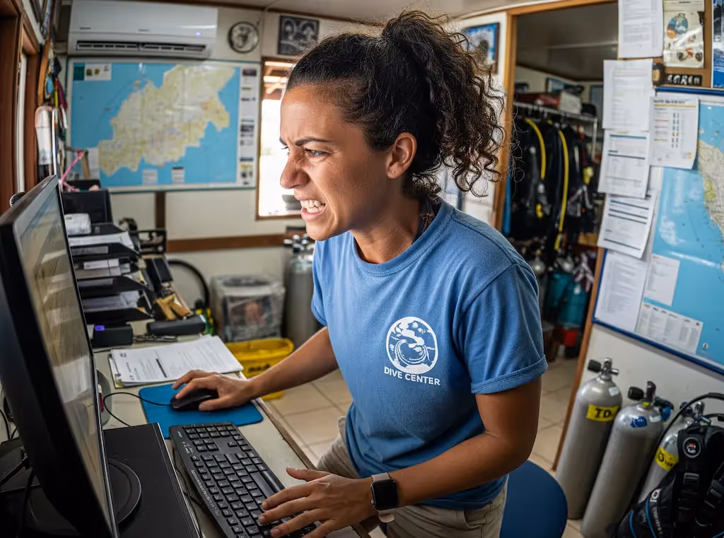 Dive shop staff managing admin tasks on Diversdesk software