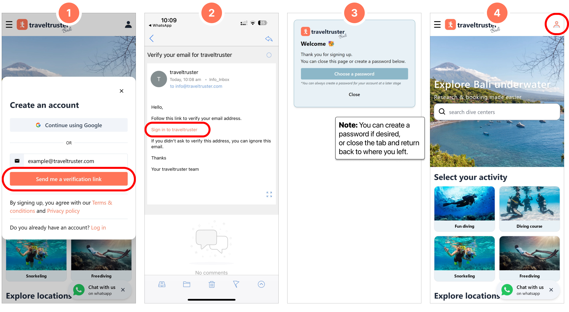Create an account through a verification email link
