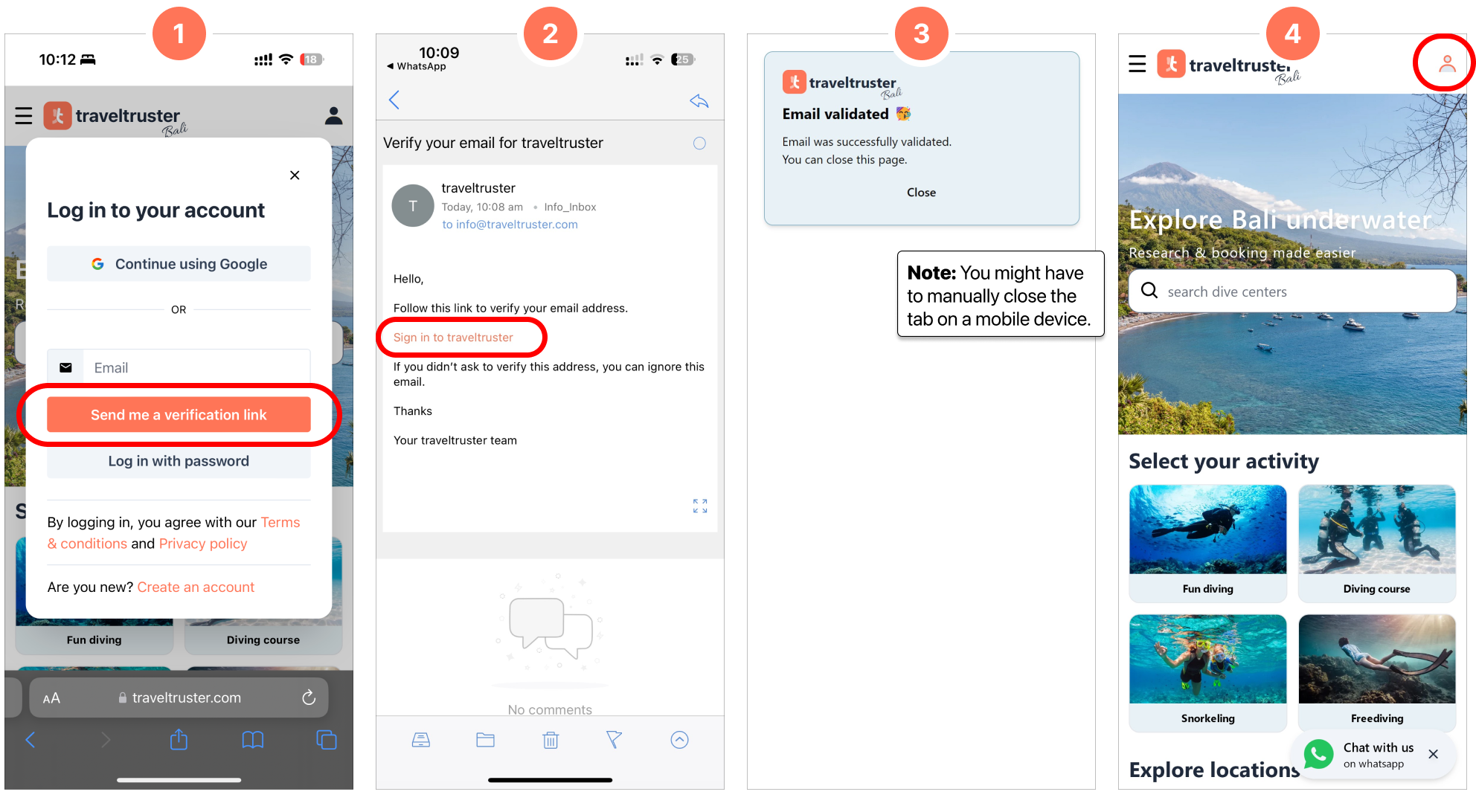 Create an account through a verification email link