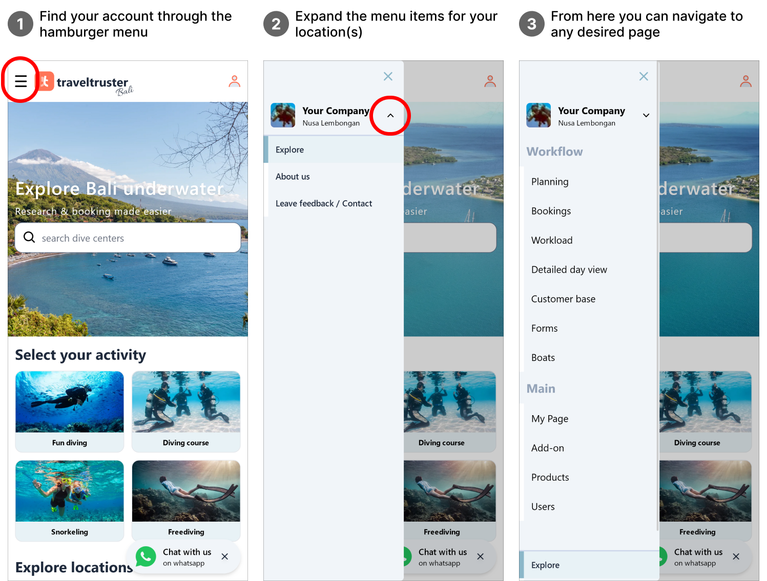 Page navigation through the hamburger menu