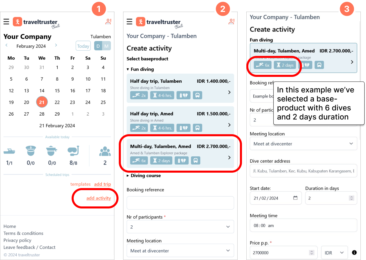 Selecting a multi-day activity from your base-products