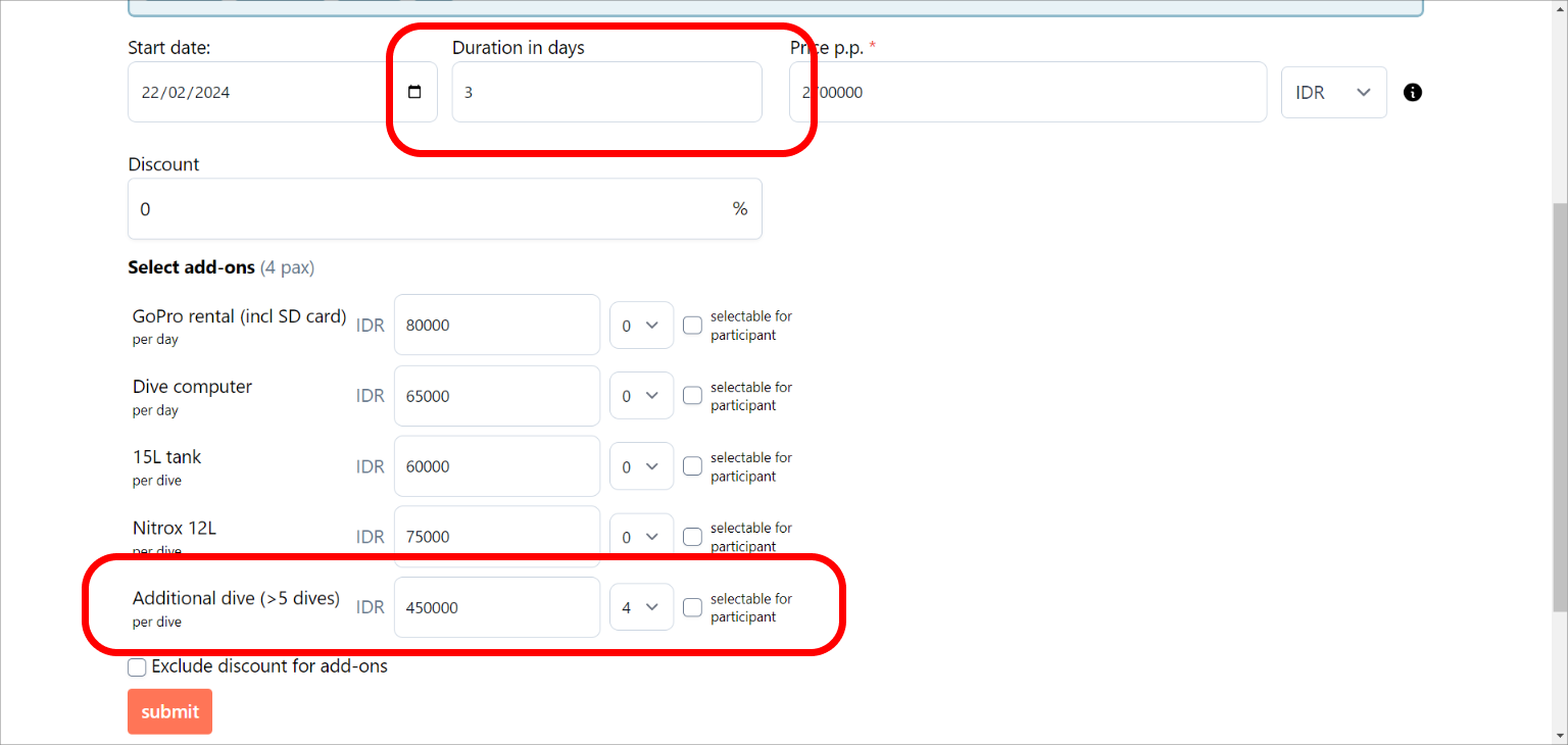 Desktop image of a booking screen with highlighted duration and add-on