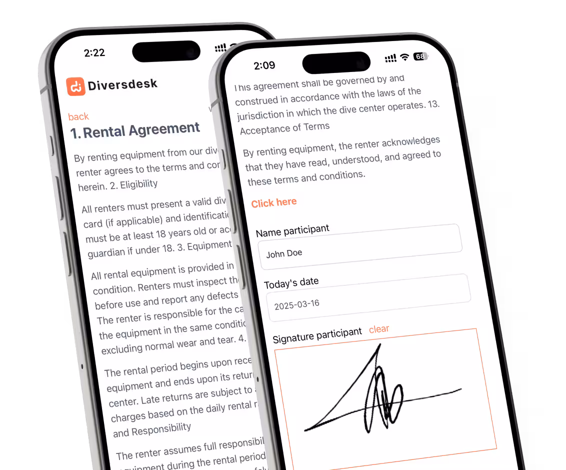 Custom Made Terms & Conditions. Digital Waiver made within the Diversdesk Software