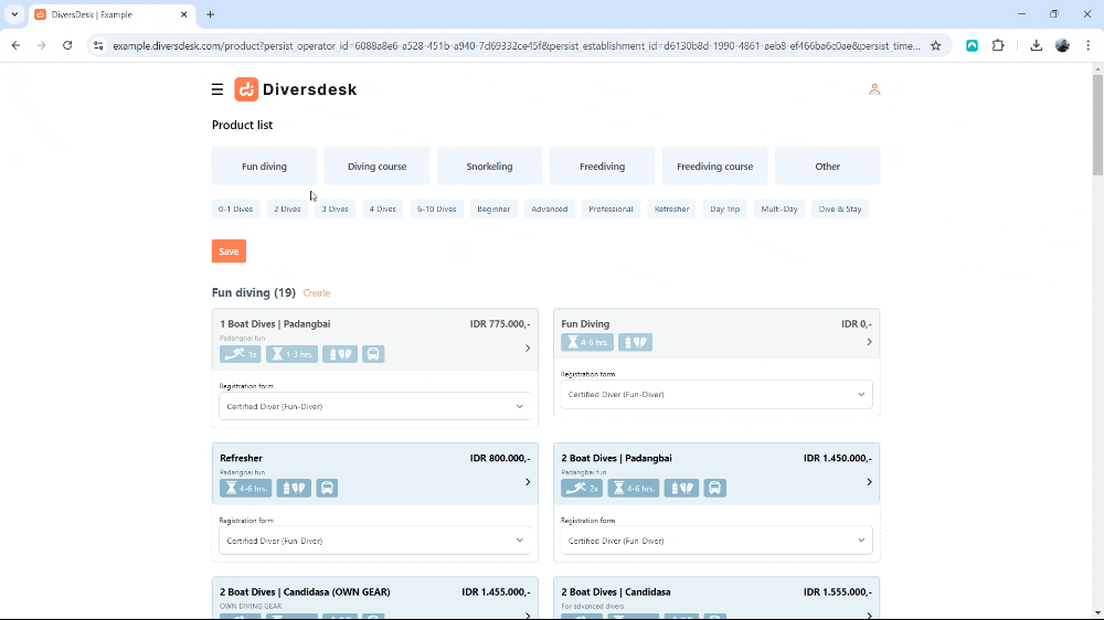 Filtering through the category buttons on the product page