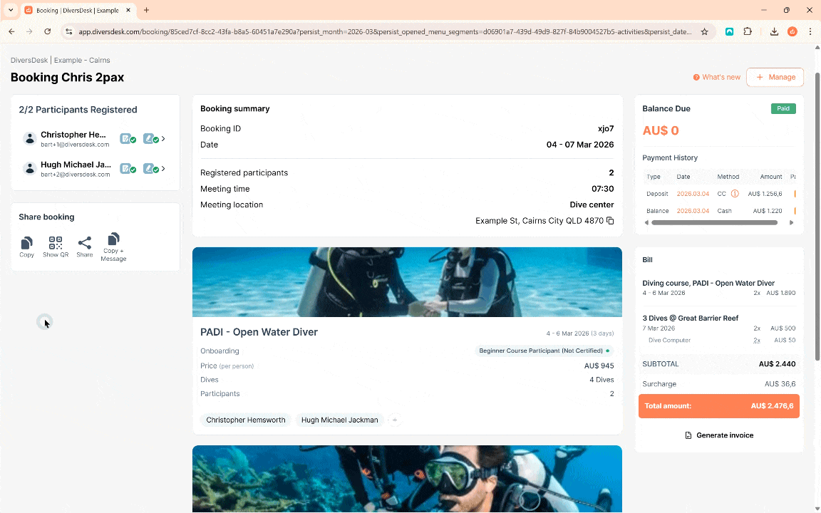 Activity card on the booking page