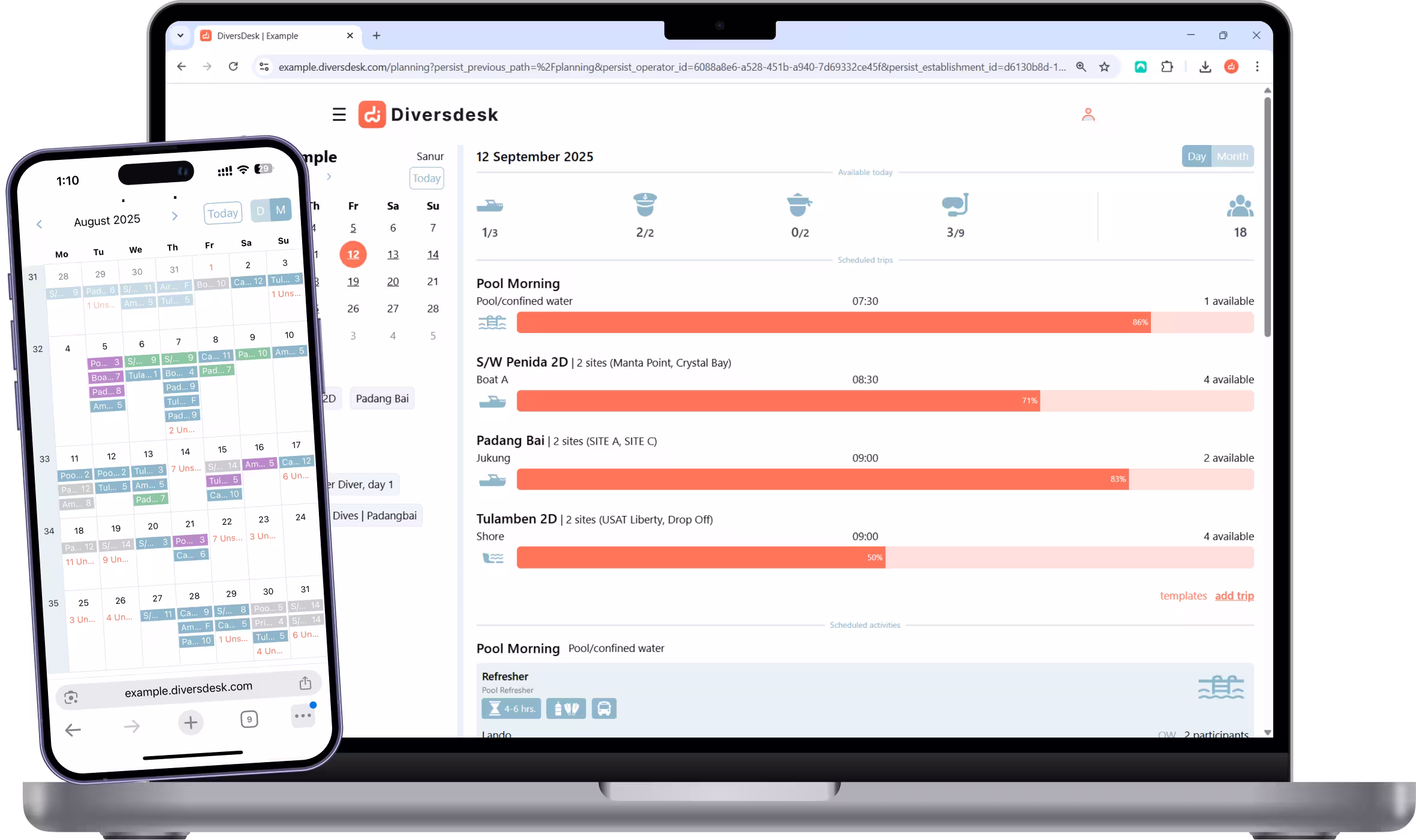 Laptop and phone displaying the diversdesk planning and calendar views