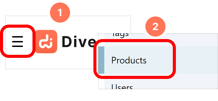 Selecting the product page through the hamburger menu